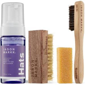 imageJason Markk Hat Care ampamp Suede 4Piece Cleaning Kit Bundle Suede Brush ampamp Stain Eraser ReadyToUse Foam Hat Cleaner ampamp Delicates Brush Safe for Leather Suede Nubuck Cotton Wool Felt Knits